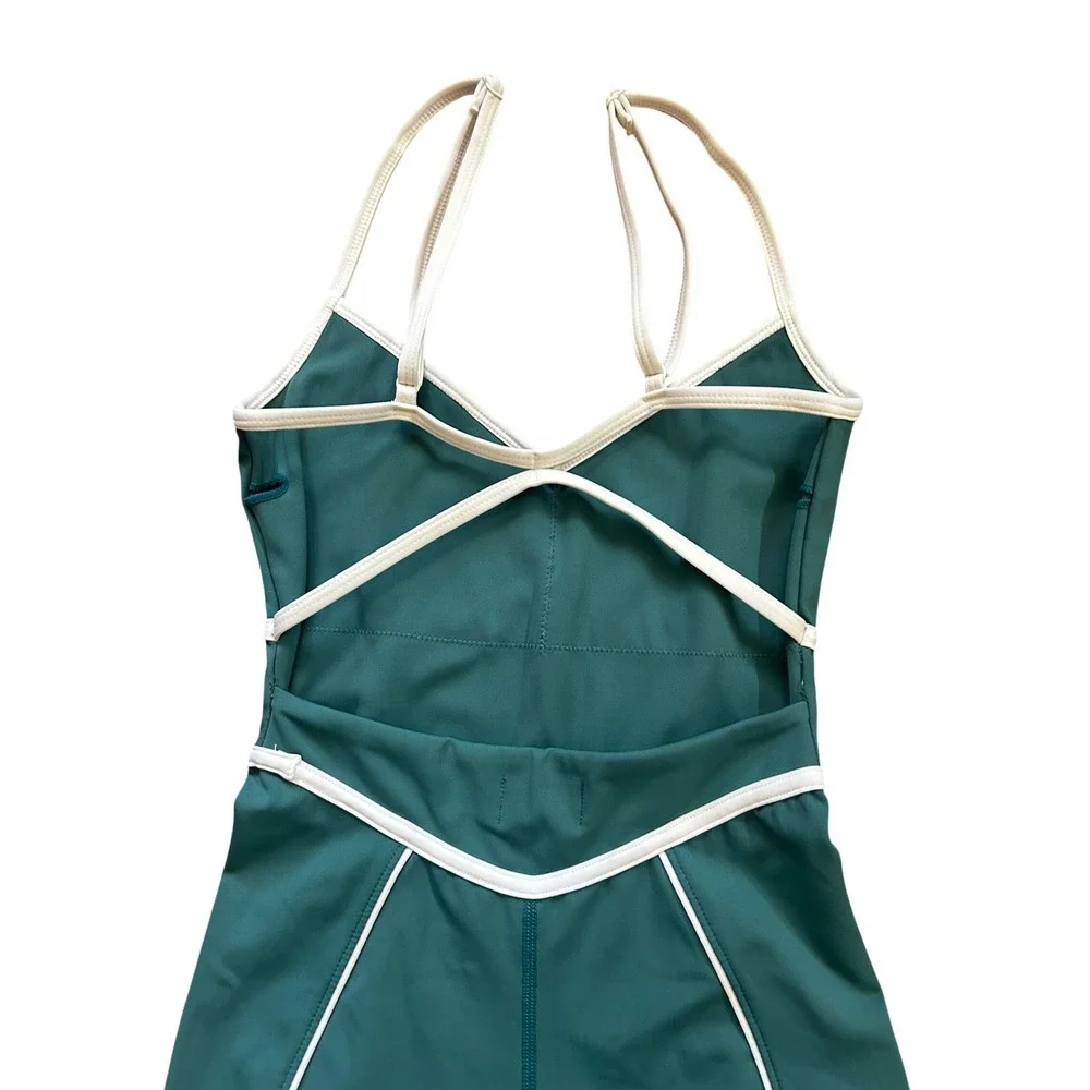 YLLW Teal Blue Active Romper Womens Size S Biker Bodysuit Piping - Picture 13 of 16